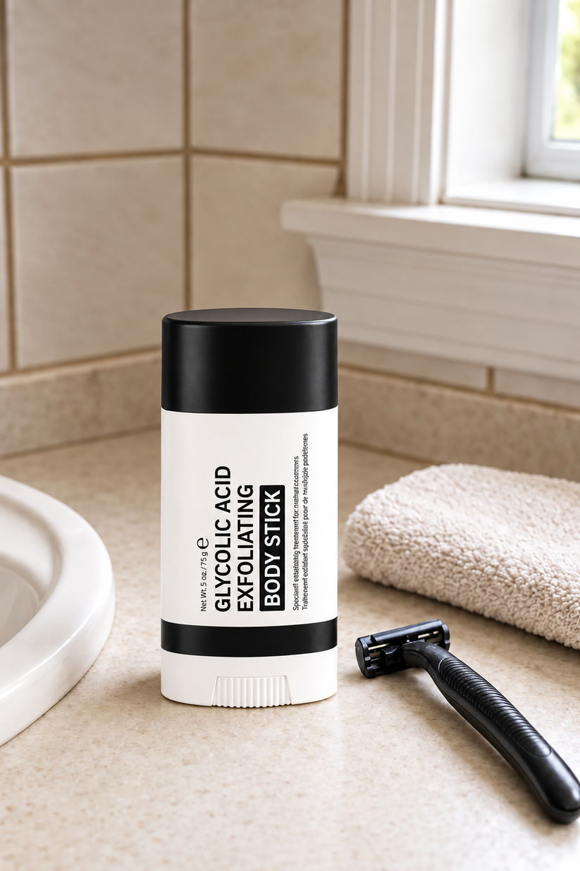 Stabilize Labs Glycolic Acid Exfoliating Body Stick on a bathroom counter beside a black razor