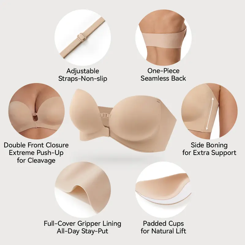 Womens Strapless Front Closure Bra Push Up Lift Bra Padded Add Cup Non Slip Anti-Slip Grip Wireless Supportive Seamless Comfortable Tube Jelly Bra A B C Cup